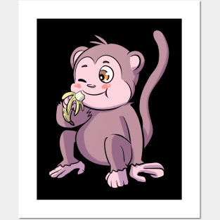 Cute Monkey Eating Yellow Banana Posters and Art